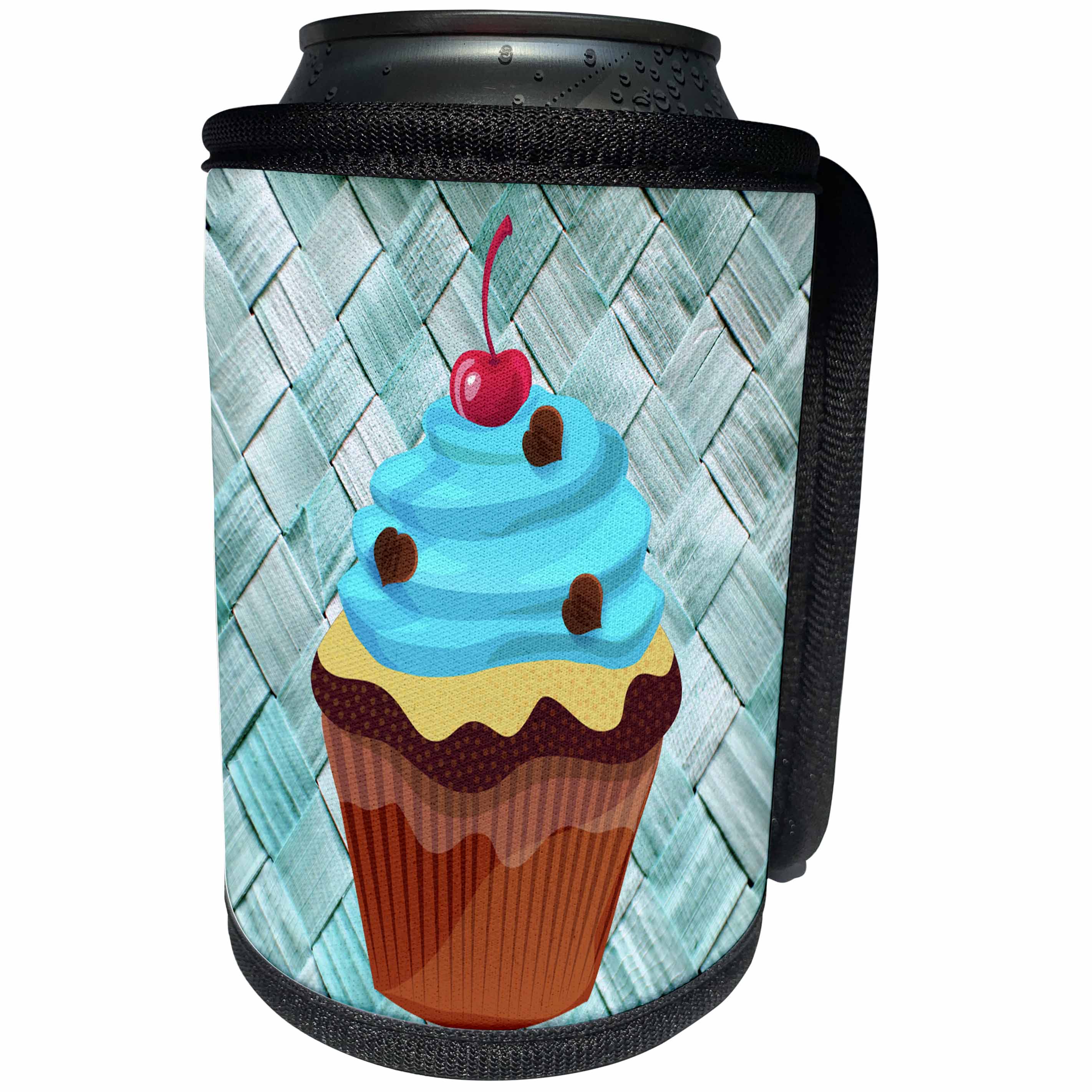 3dRose Spiritual Awakenings-Food - Basket weave background and blue cupcake and cherry - Can Cooler Bottle Wrap (cc_214653)
