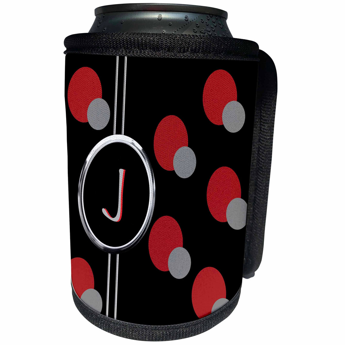 3dRose Charlyn Woodruff - CW Designs Monogram - Circles - Modern Geometric Black Red Grey Circle Pattern Monogram Letter J - Can Cooler Bottle Wrap (cc_215253)