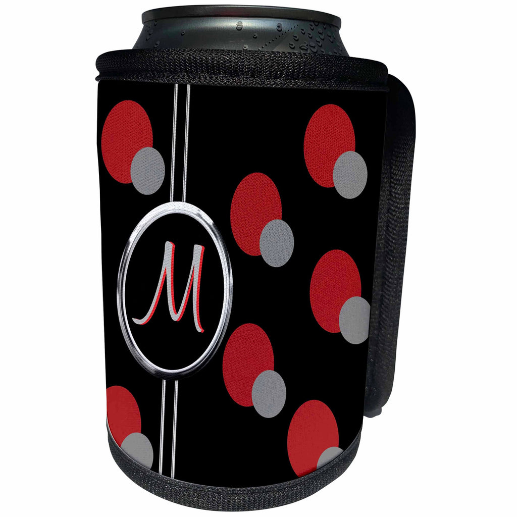3dRose Charlyn Woodruff - CW Designs Monogram - Circles - Modern Geometric Black Red Grey Circle Pattern Monogram Letter M - Can Cooler Bottle Wrap (cc_215256)