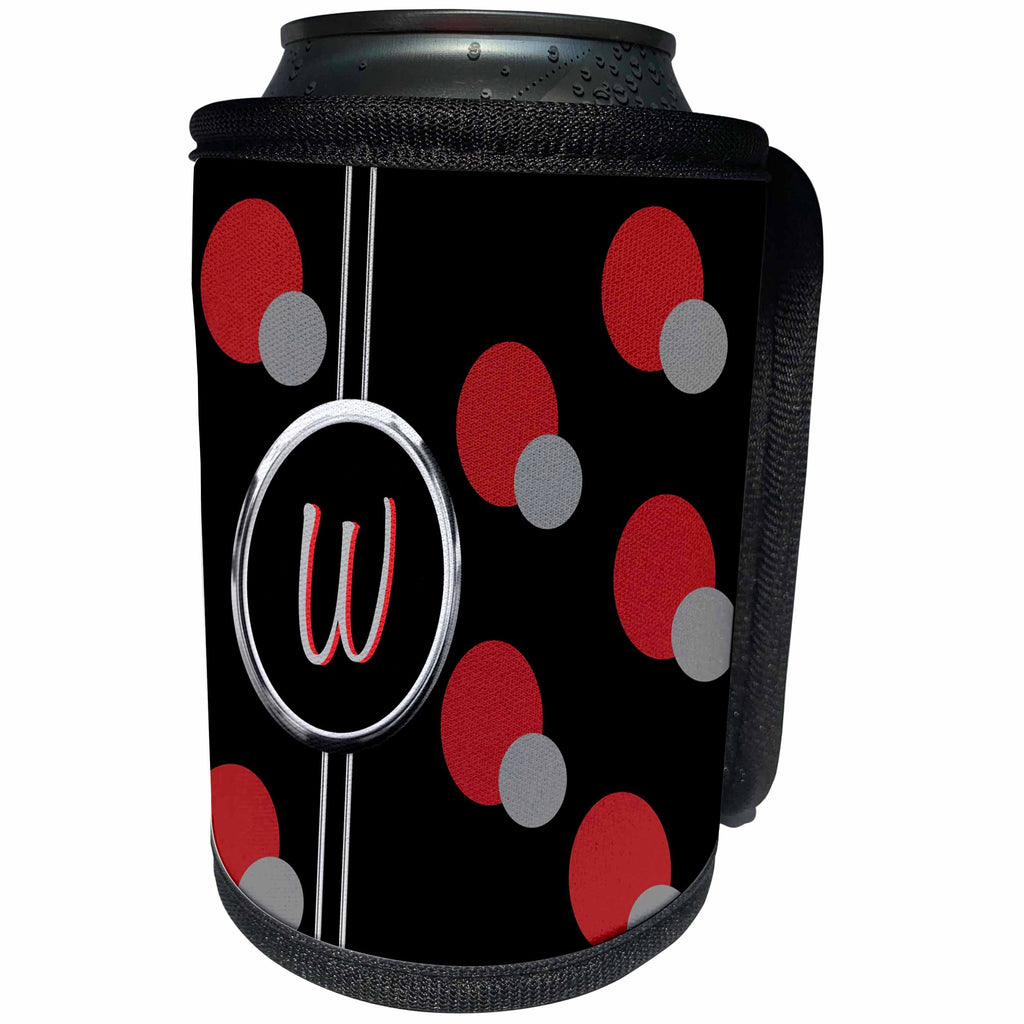 3dRose Charlyn Woodruff - CW Designs Monogram - Circles - Modern Geometric Black Red Grey Circle Pattern Monogram Letter W - Can Cooler Bottle Wrap (cc_215266)