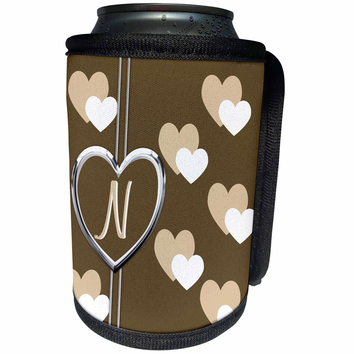 3dRose Charlyn Woodruff - CW Designs Monogram - Hearts - Elegant Geometric Earth Tone Hearts Pattern Monogram Letter N - Can Cooler Bottle Wrap (cc_215283)