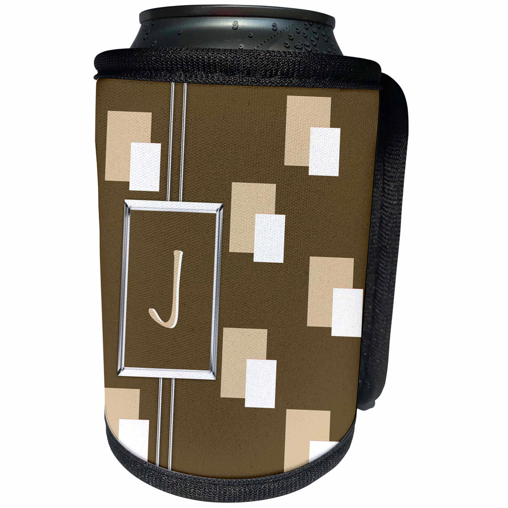3dRose Charlyn Woodruff - CW Designs Monogram - Squares - Elegant Geometric Earth Tone Squares Pattern Monogram Letter J - Can Cooler Bottle Wrap (cc_215305)
