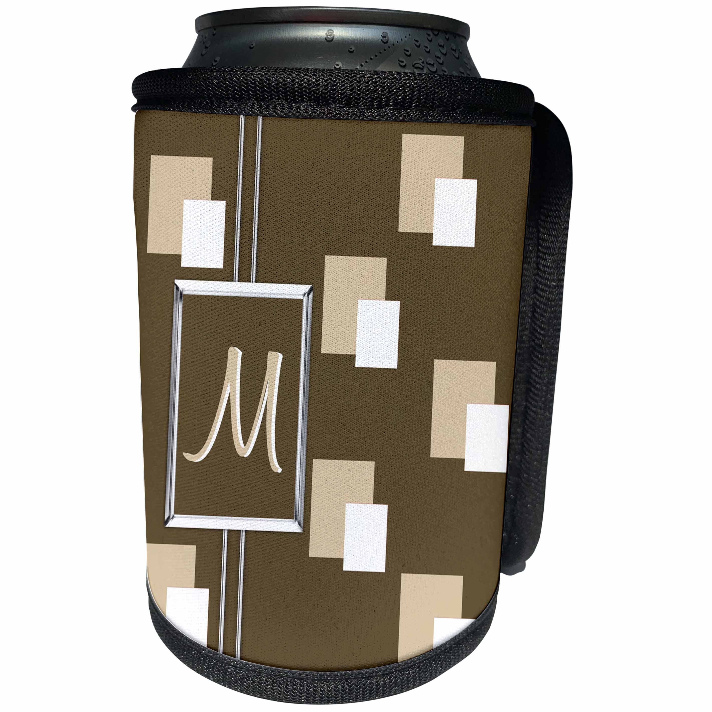 3dRose Charlyn Woodruff - CW Designs Monogram - Squares - Elegant Geometric Earth Tone Squares Pattern Monogram Letter M - Can Cooler Bottle Wrap (cc_215308)