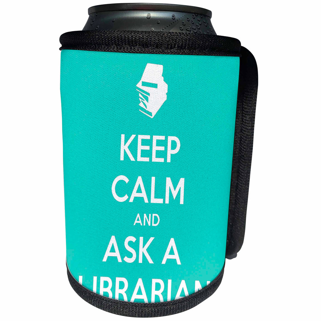 3dRose EvaDane - Quotes - Keep Calm And Ask A Librarian Turquoise - Can Cooler Bottle Wrap (cc_216321)