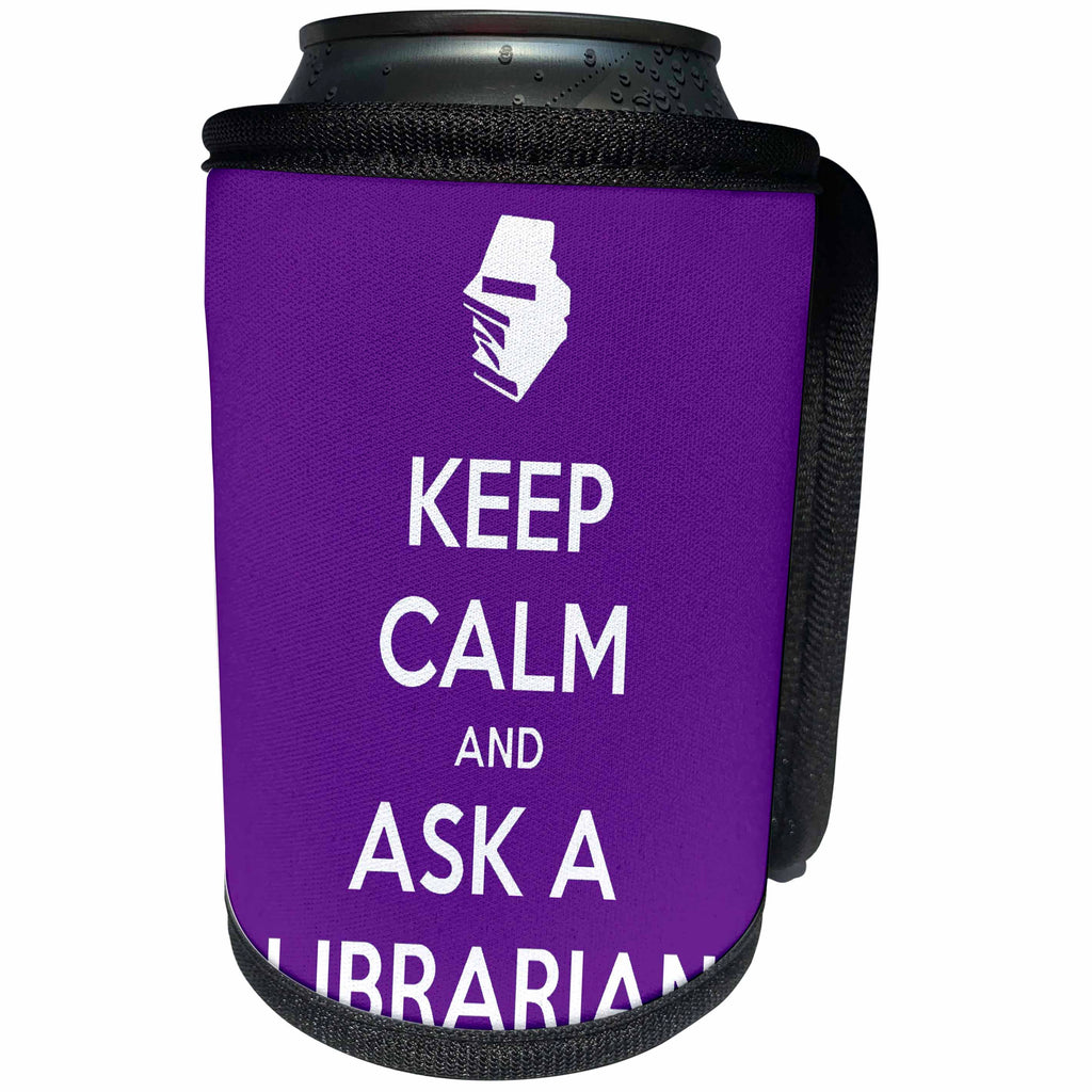 3dRose EvaDane - Quotes - Keep Calm And Ask A Librarian Purple - Can Cooler Bottle Wrap (cc_216322)
