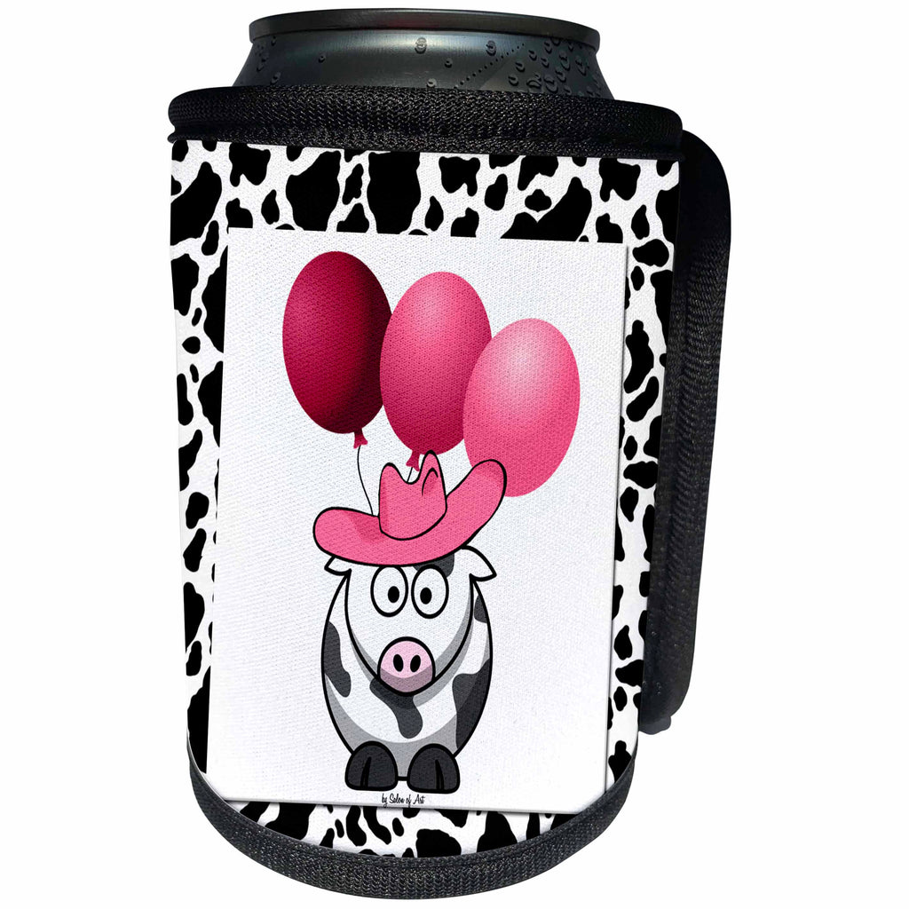 3dRose Doreen Erhardt Baby Designs - Western Cow Print with Pink Balloons - Can Cooler Bottle Wrap (cc_21782)