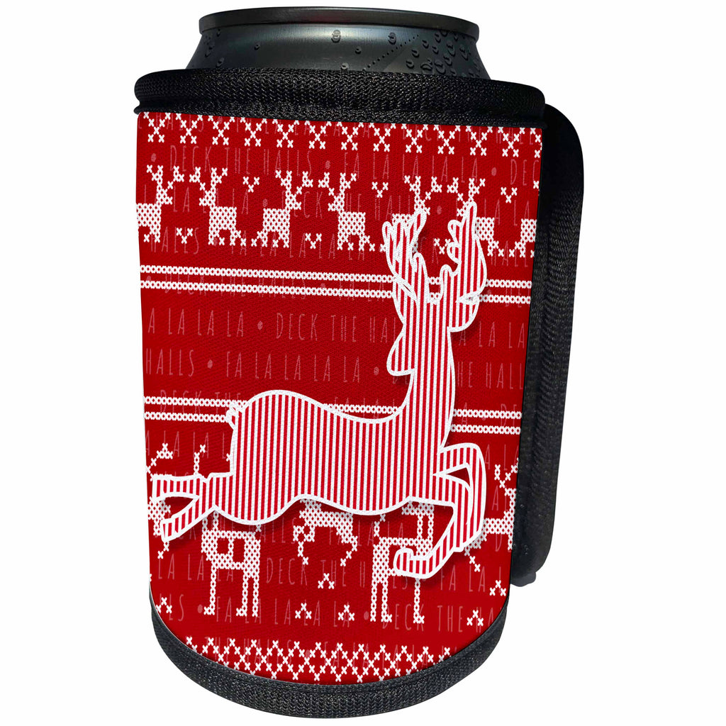 3dRose Doreen Erhardt Christmas Collection - Red and White Christmas Sweater Pattern with Candy Stripe Reindeer - Can Cooler Bottle Wrap (cc_218252)
