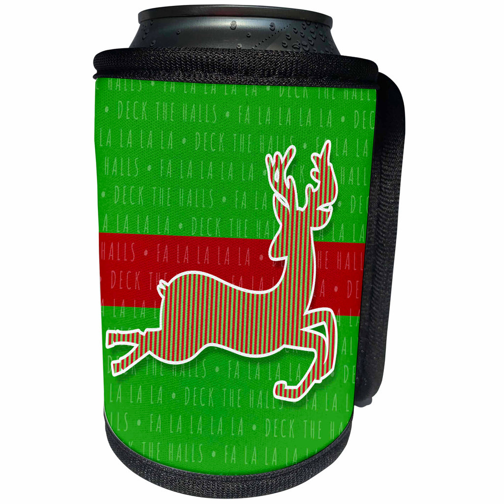 3dRose Doreen Erhardt Christmas Collection - Red and Green Christmas Deck the Halls with Striped Flying Reindeer - Can Cooler Bottle Wrap (cc_218254)