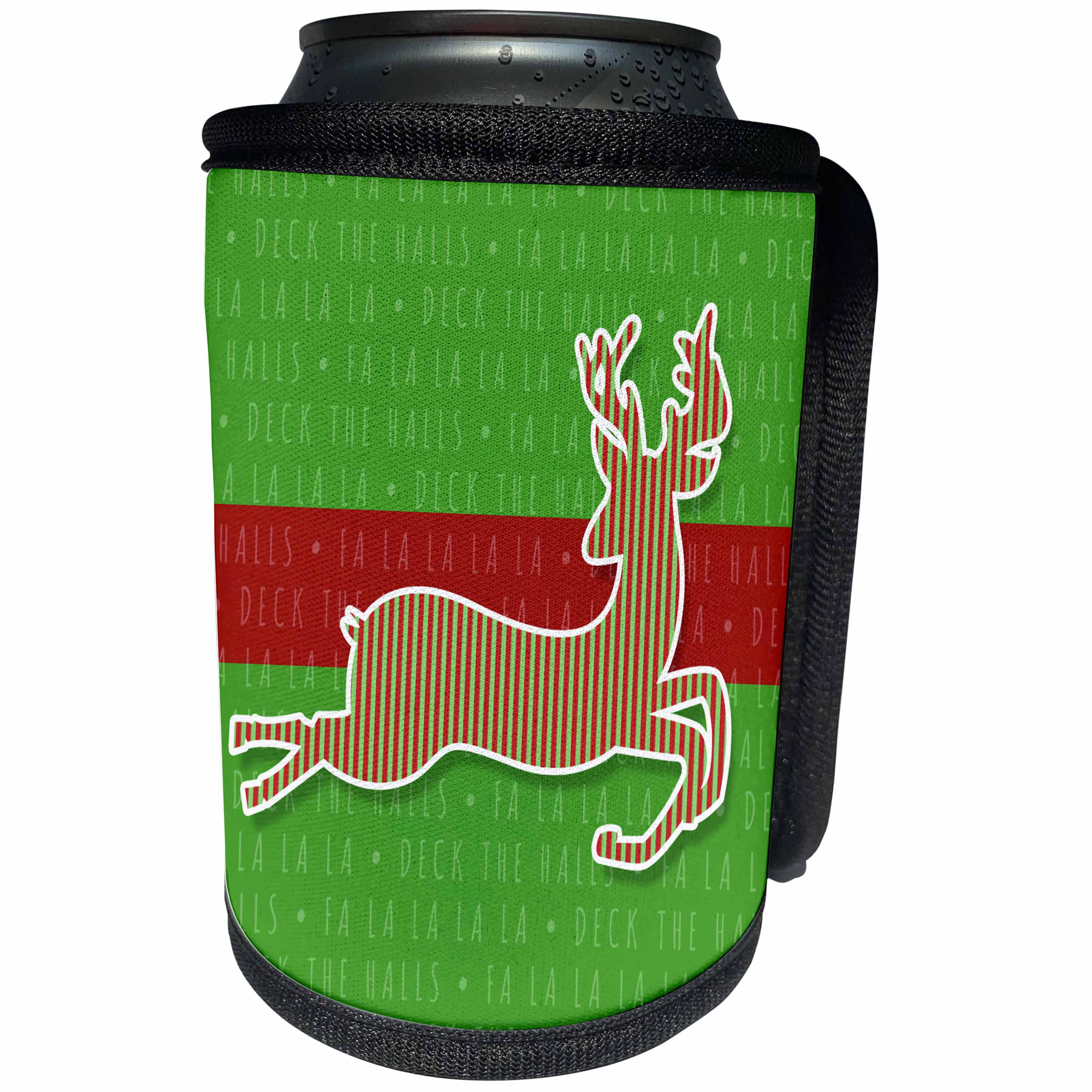 3dRose Doreen Erhardt Christmas Collection - Red and Green Christmas Deck the Halls with Striped Flying Reindeer - Can Cooler Bottle Wrap (cc_218254)