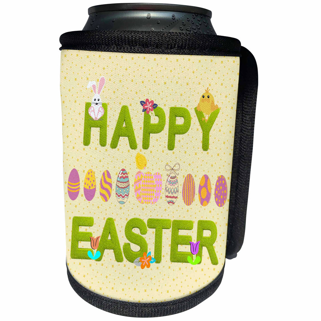 3dRose Beverly Turner Easter Design and Photography - Happy Easter Grass Words, Bunnies, Eggs, Chicks Flowers, Yellow - Can Cooler Bottle Wrap (cc_218255)