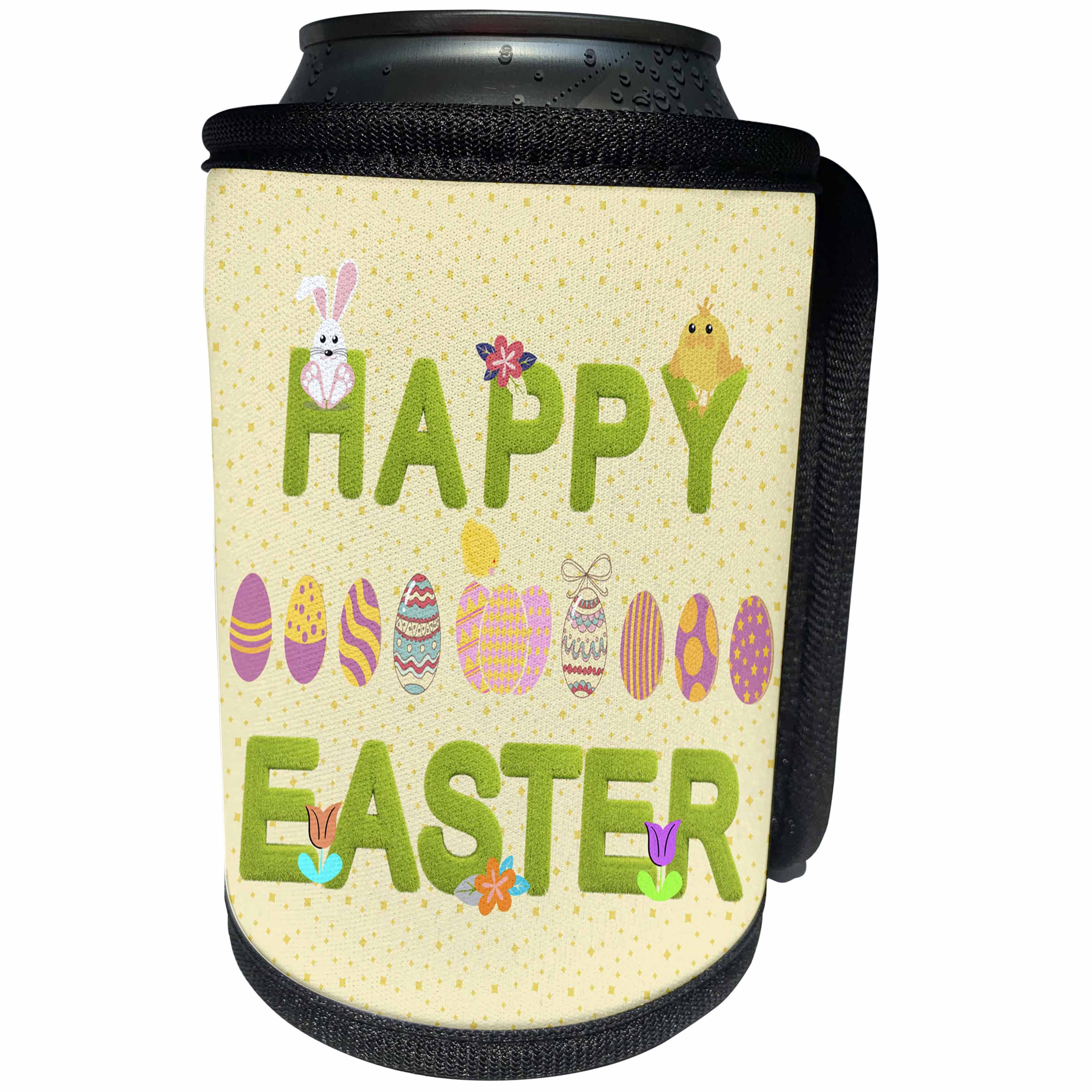 3dRose Beverly Turner Easter Design and Photography - Happy Easter Grass Words, Bunnies, Eggs, Chicks Flowers, Yellow - Can Cooler Bottle Wrap (cc_218255)
