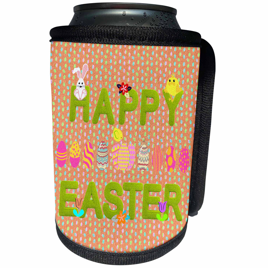 3dRose Beverly Turner Easter Design and Photography - Happy Easter Grass Words, Bunnies, Eggs, Chicks Flowers, Coral - Can Cooler Bottle Wrap (cc_218258)