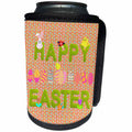 3dRose Beverly Turner Easter Design and Photography - Happy Easter Grass Words, Bunnies, Eggs, Chicks Flowers, Coral - Can Cooler Bottle Wrap (cc_218258)