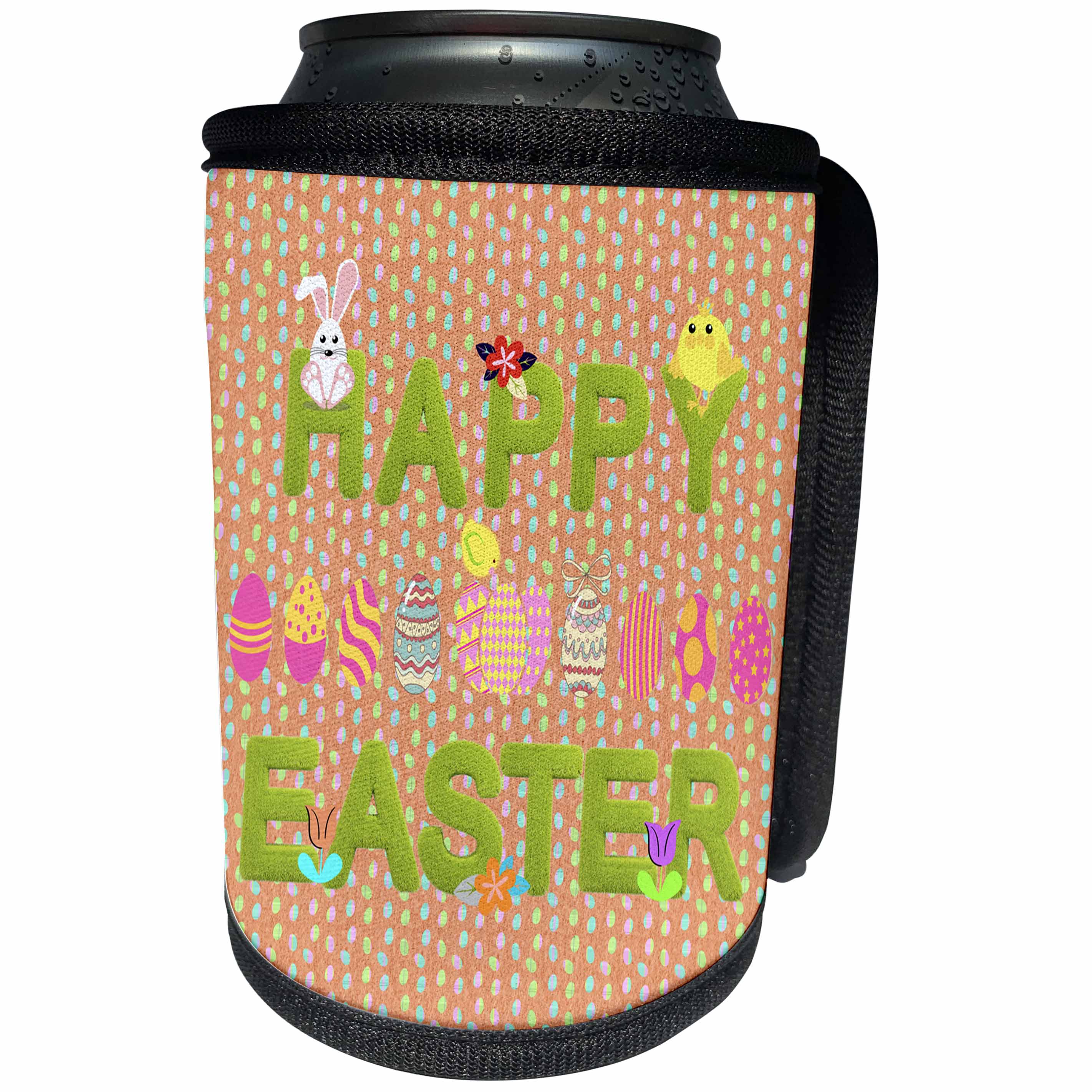 3dRose Beverly Turner Easter Design and Photography - Happy Easter Grass Words, Bunnies, Eggs, Chicks Flowers, Coral - Can Cooler Bottle Wrap (cc_218258)