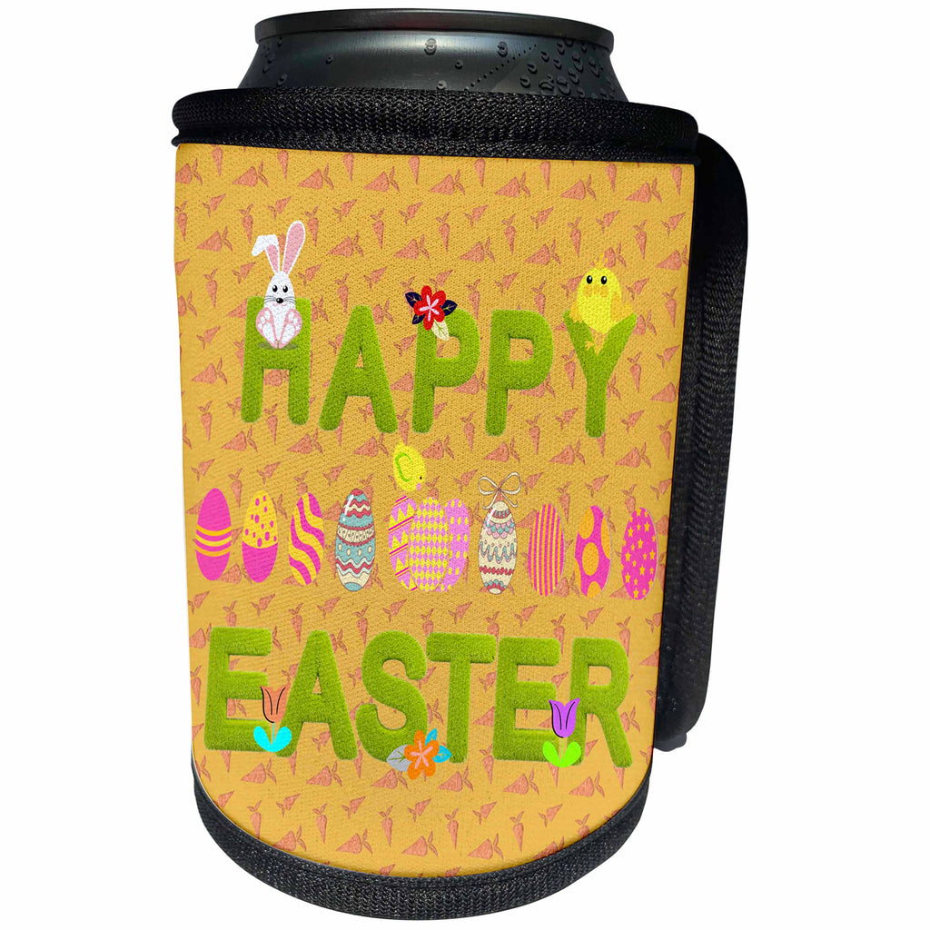 3dRose Beverly Turner Easter Design and Photography - Happy Easter Grass Words, Bunnies, Eggs, Chicks Flowers, Peach - Can Cooler Bottle Wrap (cc_218259)