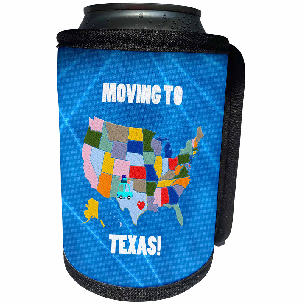 3dRose Beverly Turner Moving to - United States Map, Moving to Texas with a Heart and Car with Luggage - Can Cooler Bottle Wrap (cc_218260)