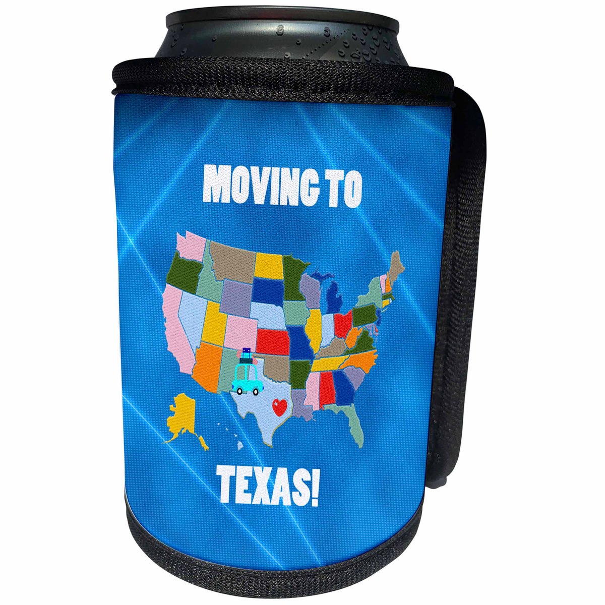 3dRose Beverly Turner Moving to - United States Map, Moving to Texas with a Heart and Car with Luggage - Can Cooler Bottle Wrap (cc_218260)