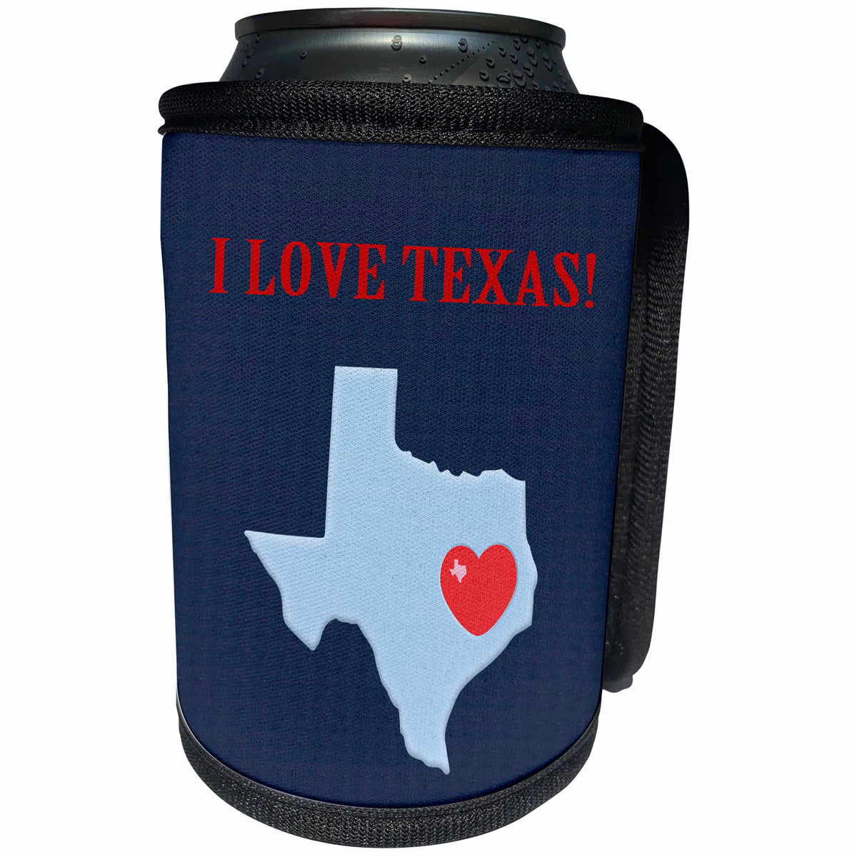 3dRose Beverly Turner I Love - I Love Texas with a Heart on the State, Blue and Red - Can Cooler Bottle Wrap (cc_218262)