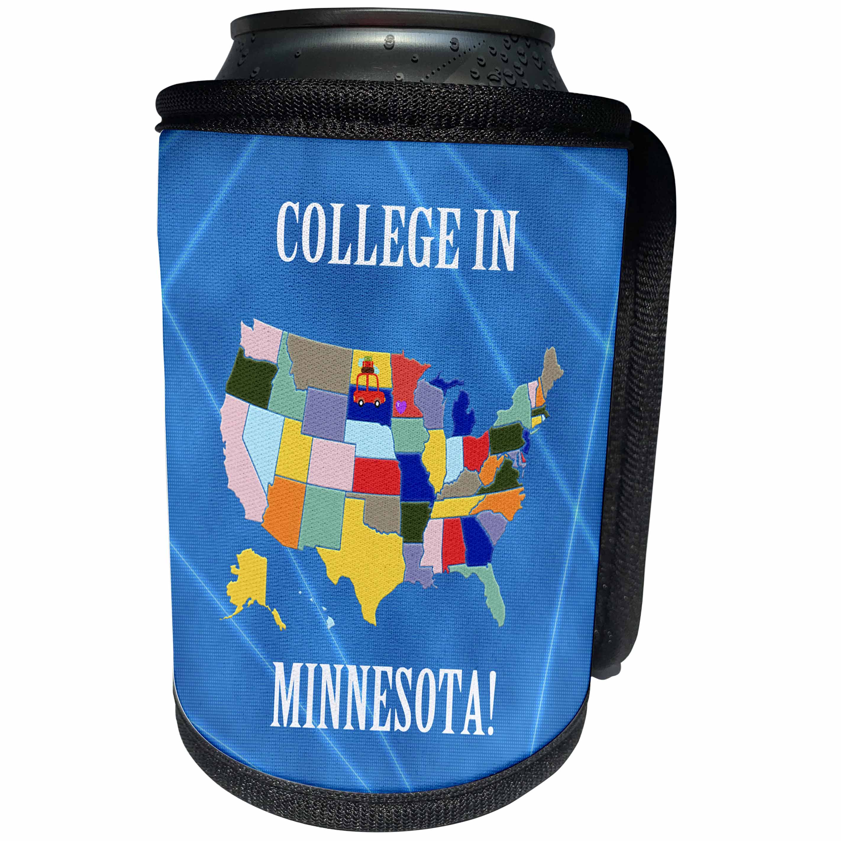 3dRose Beverly Turner College in - United States Map, College in Minnesota, Heart and Car with Luggage - Can Cooler Bottle Wrap (cc_218265)