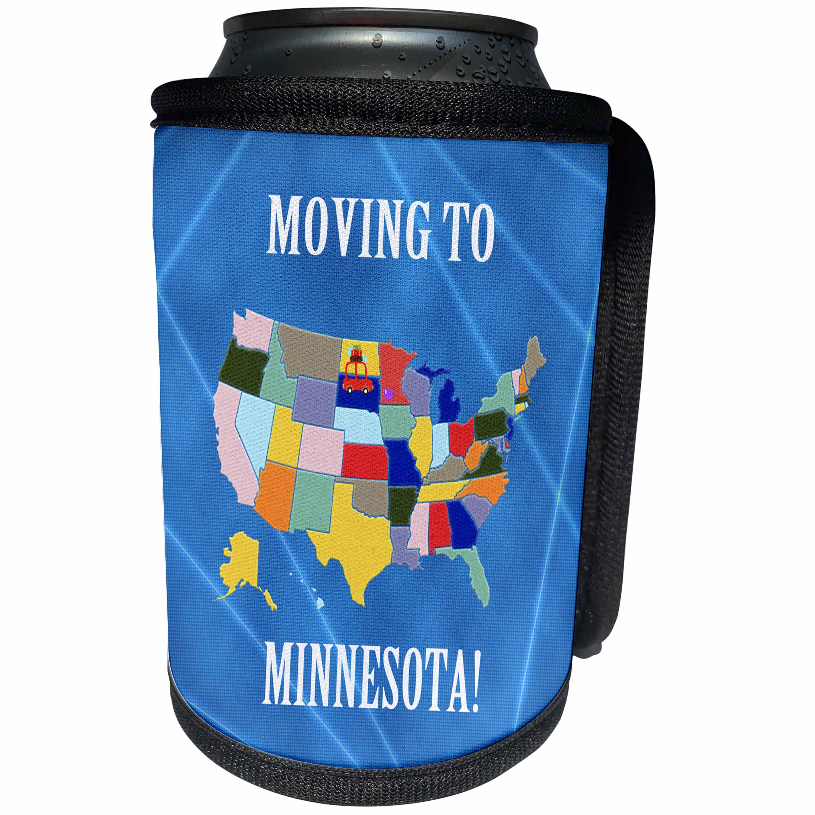 3dRose Beverly Turner Moving to - United States Map, Moving to Minnesota, Heart and Car with Luggage - Can Cooler Bottle Wrap (cc_218266)