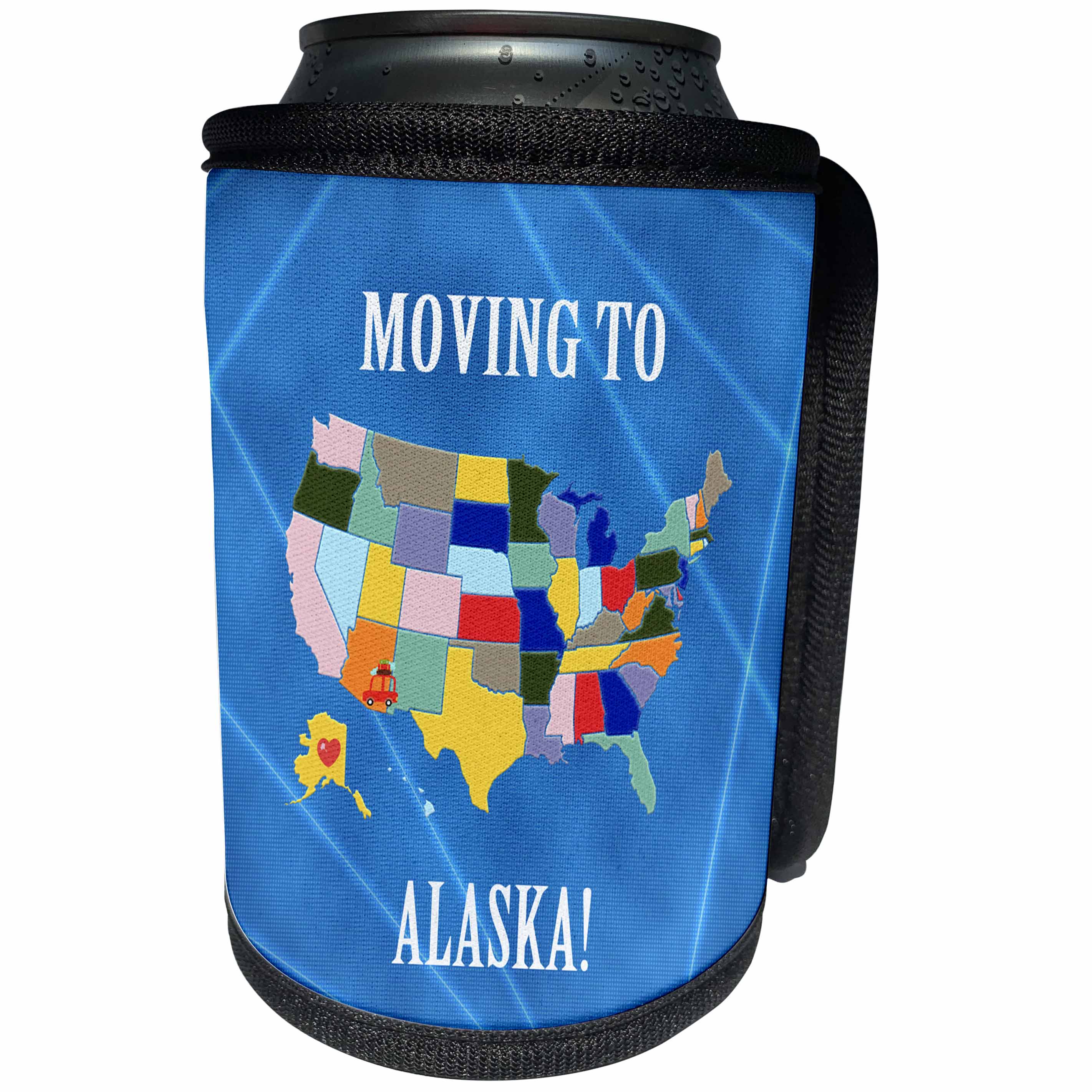 3dRose Beverly Turner Moving to - United States Map, Moving to Alaska, Heart and Car with Luggage - Can Cooler Bottle Wrap (cc_218273)