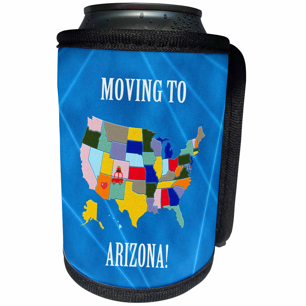 3dRose Beverly Turner Moving to - United States Map, Moving to Arizona, Heart and Car with Luggage - Can Cooler Bottle Wrap (cc_218278)