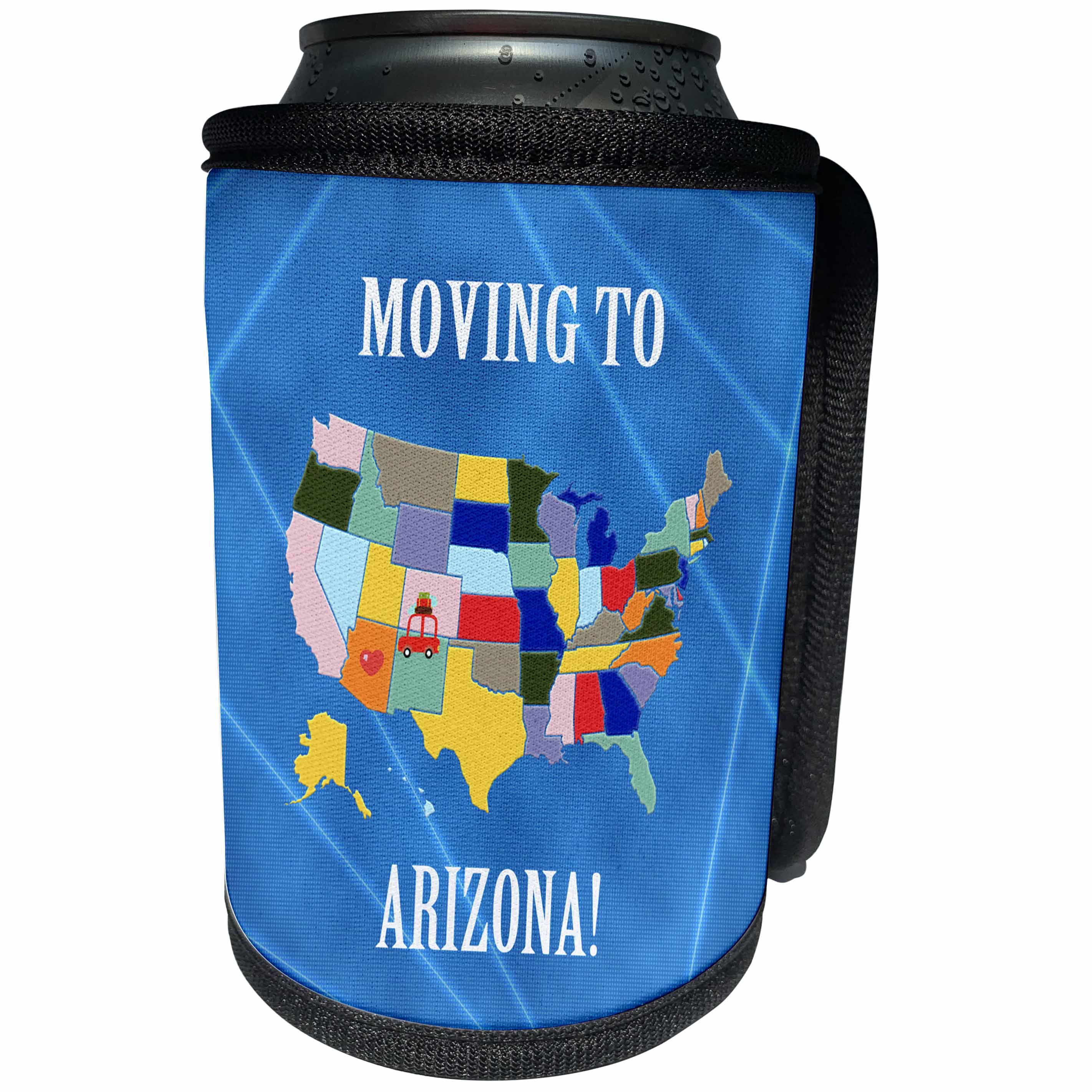 3dRose Beverly Turner Moving to - United States Map, Moving to Arizona, Heart and Car with Luggage - Can Cooler Bottle Wrap (cc_218278)