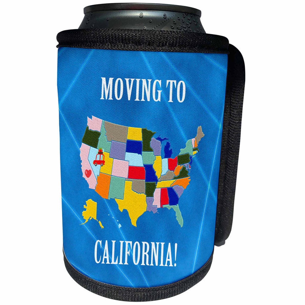 3dRose Beverly Turner Moving to - United States Map, Moving to California, Heart and Car with Luggage - Can Cooler Bottle Wrap (cc_218279)