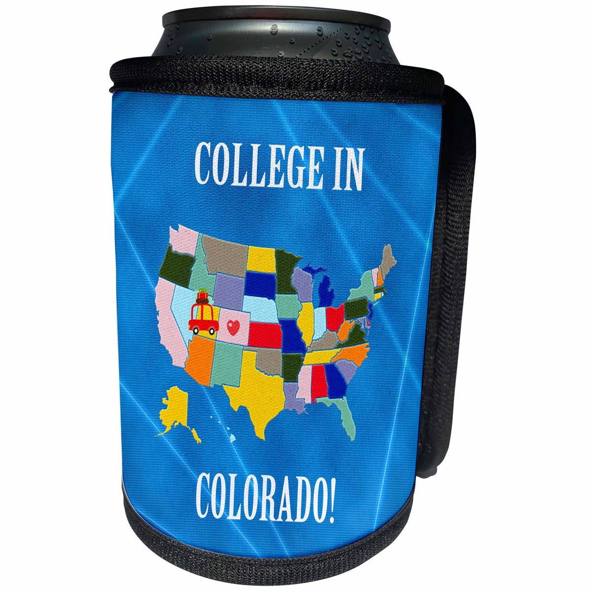 3dRose Beverly Turner College in - United States Map, College in Colorado, Heart and Car with Luggage - Can Cooler Bottle Wrap (cc_218282)