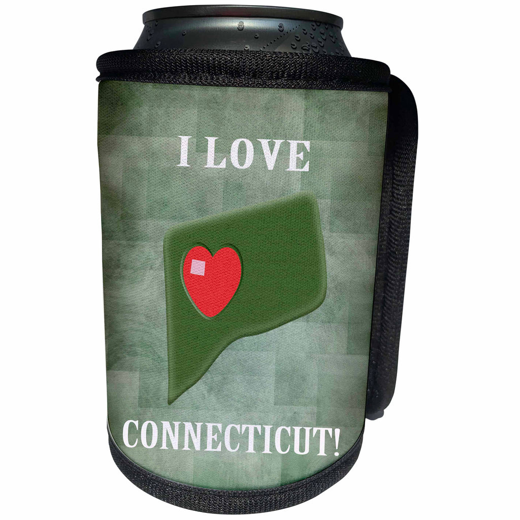 3dRose Beverly Turner I Love - I Love Connecticut with a Heart on the State, Shades of Green and Red - Can Cooler Bottle Wrap (cc_218285)