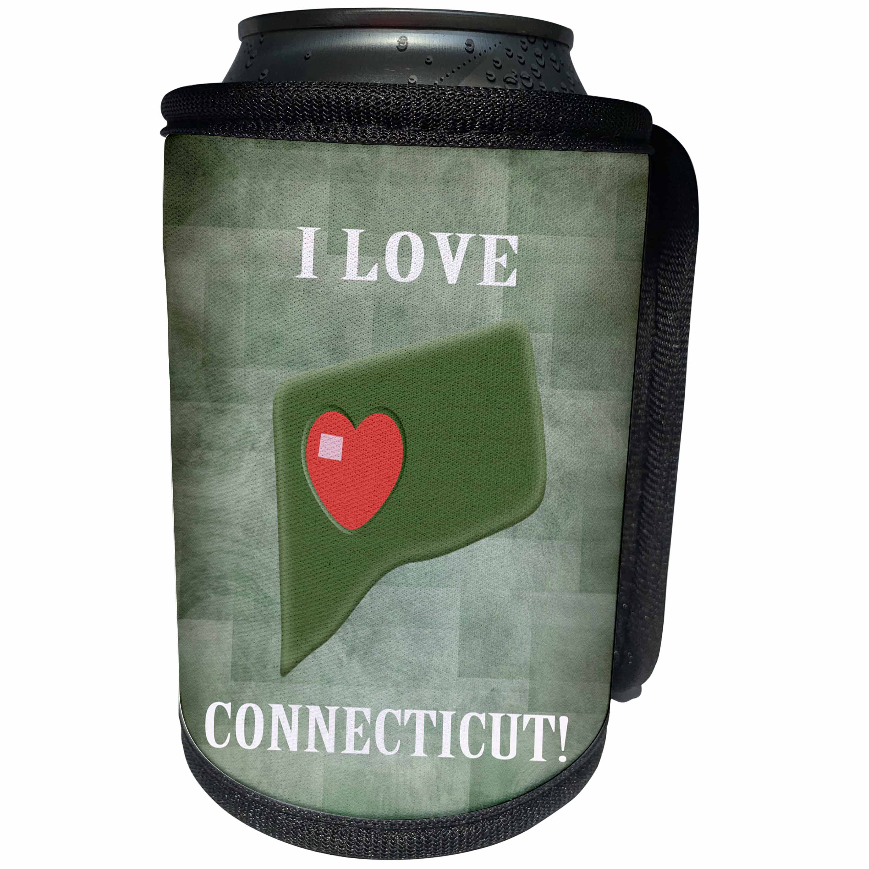 3dRose Beverly Turner I Love - I Love Connecticut with a Heart on the State, Shades of Green and Red - Can Cooler Bottle Wrap (cc_218285)