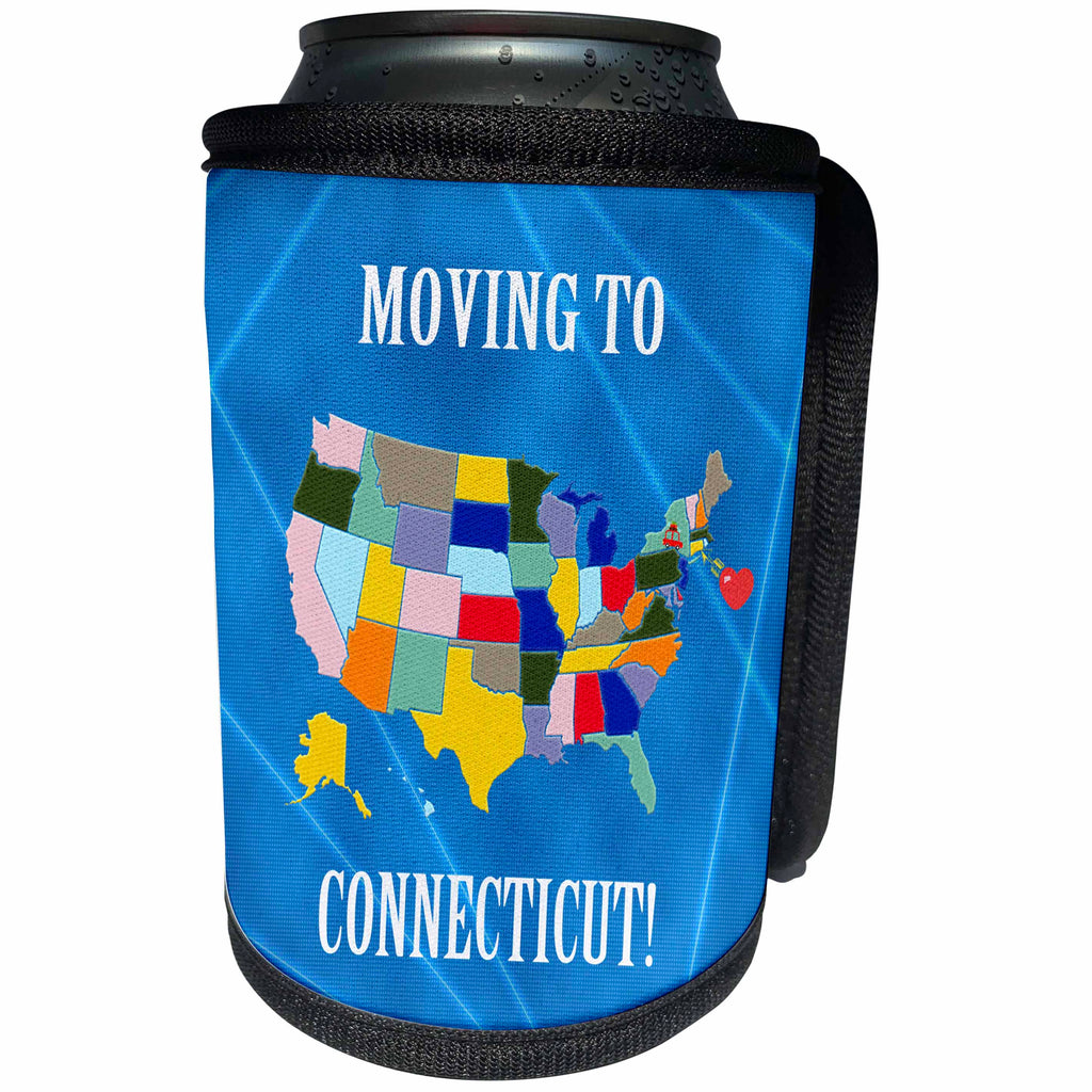 3dRose Beverly Turner Moving to - United States Map, Moving to Connecticut, Heart and Car with Luggage - Can Cooler Bottle Wrap (cc_218286)