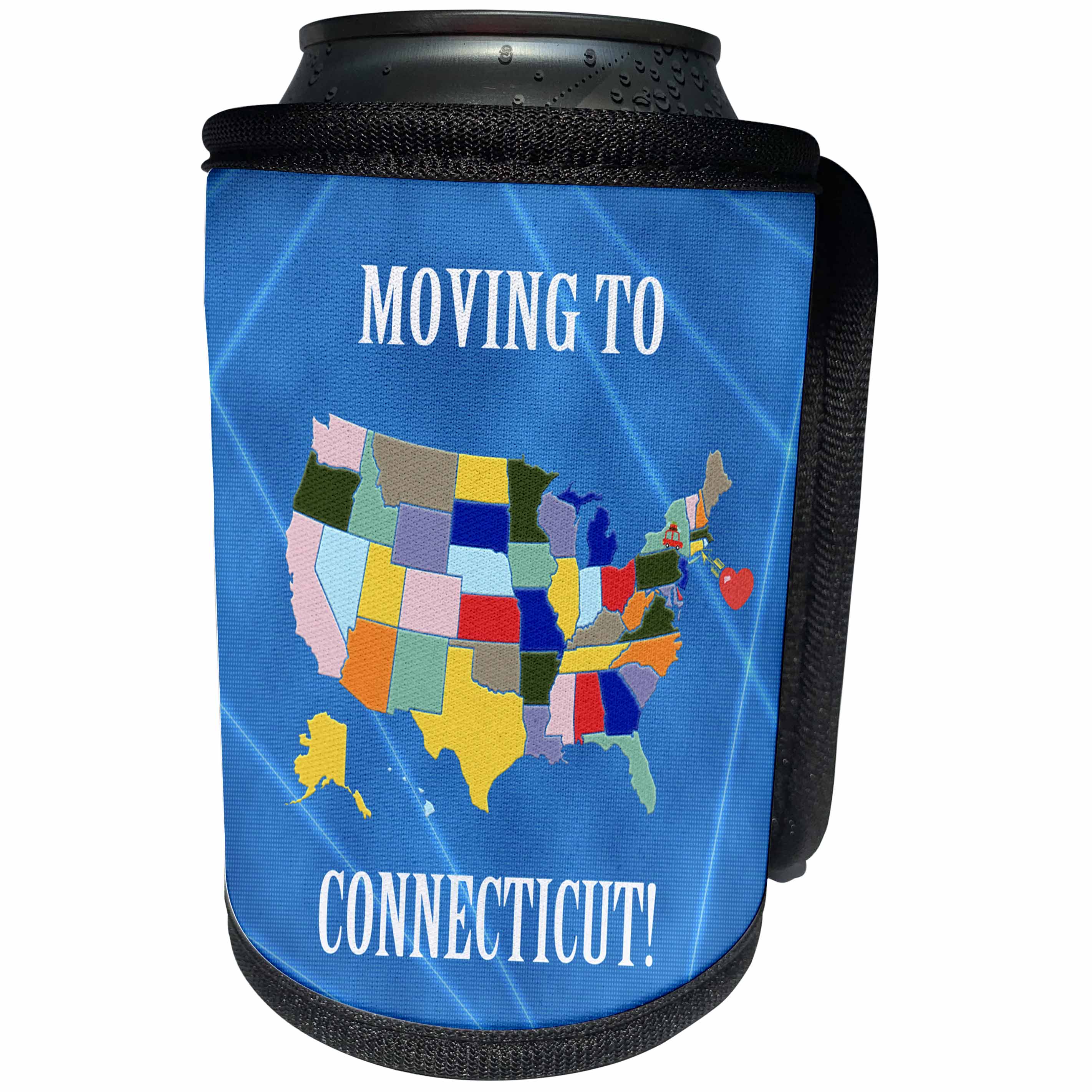 3dRose Beverly Turner Moving to - United States Map, Moving to Connecticut, Heart and Car with Luggage - Can Cooler Bottle Wrap (cc_218286)