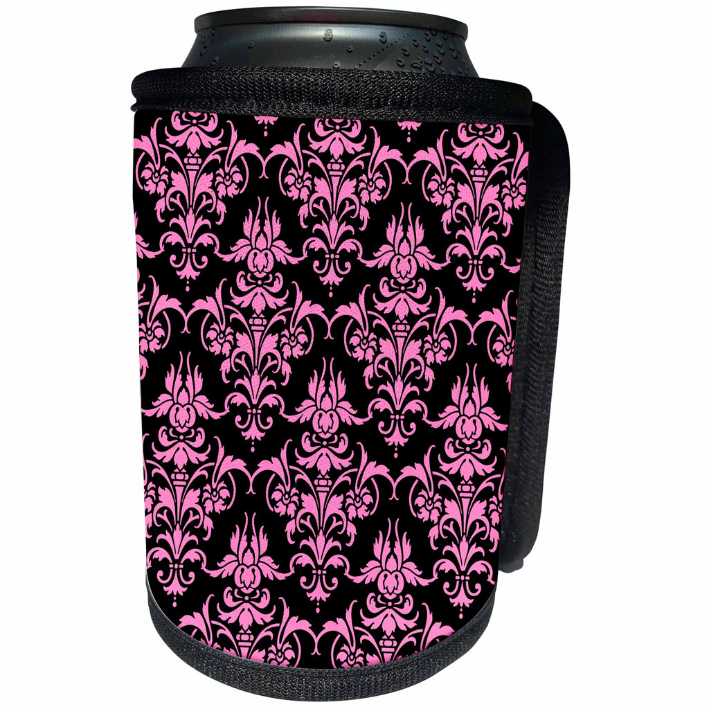 3dRose Russ Billington Patterns - Large Damask Pattern in Pink and Black - Can Cooler Bottle Wrap (cc_219038)