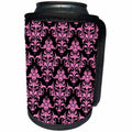 3dRose Russ Billington Patterns - Large Damask Pattern in Pink and Black - Can Cooler Bottle Wrap (cc_219038)