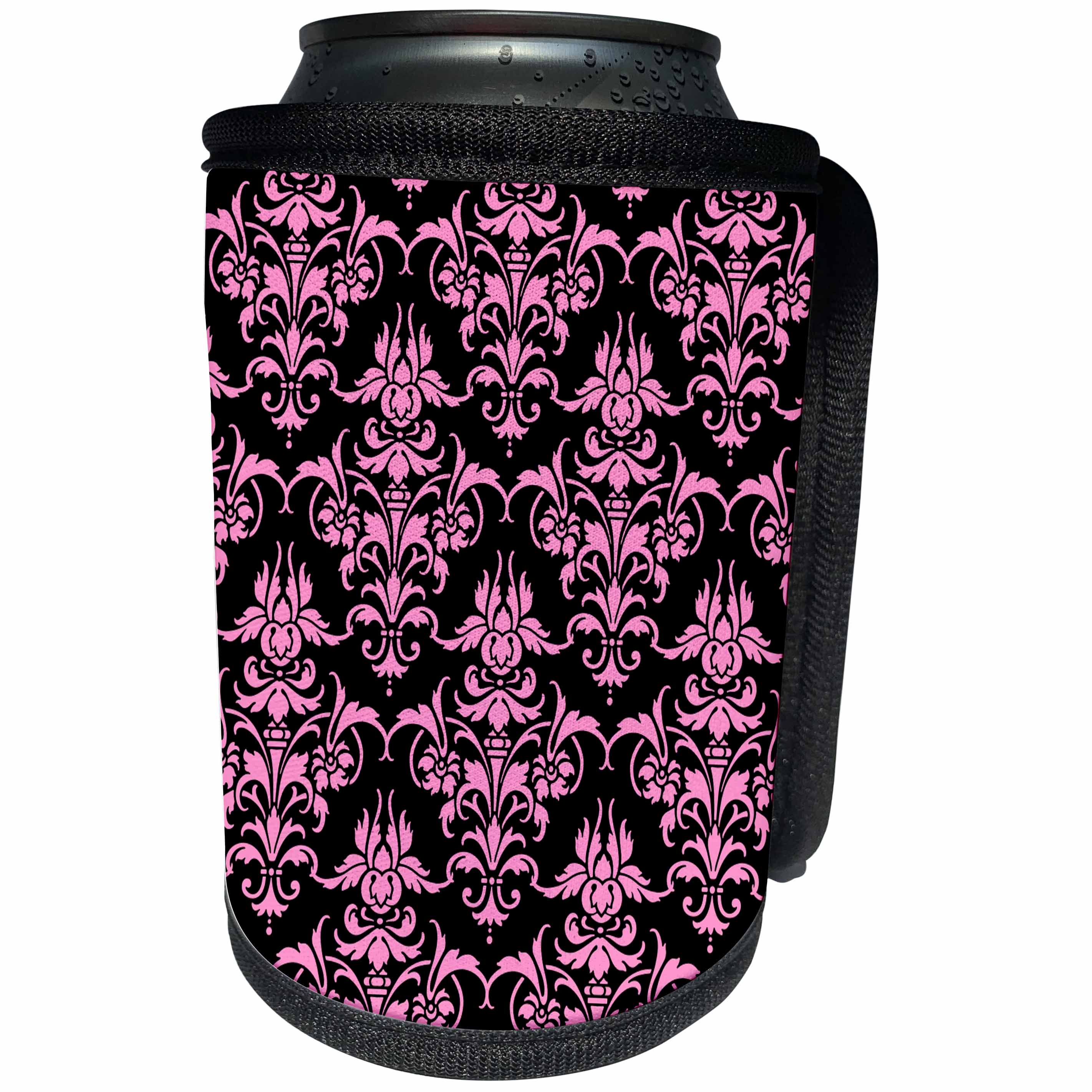 3dRose Russ Billington Patterns - Large Damask Pattern in Pink and Black - Can Cooler Bottle Wrap (cc_219038)