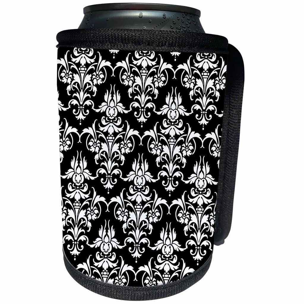 3dRose Russ Billington Patterns - Large Damask Pattern in Black and White - Can Cooler Bottle Wrap (cc_219039)