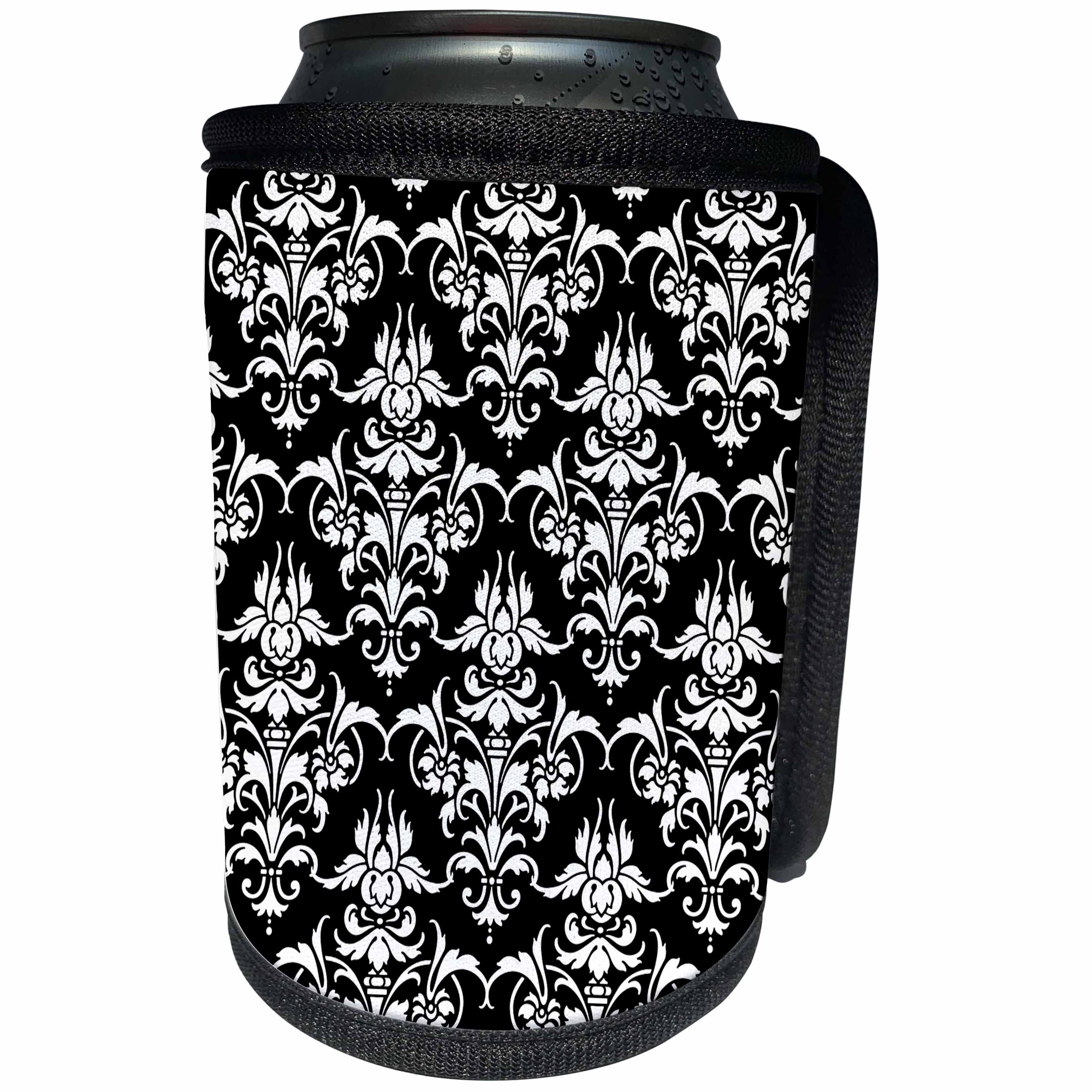3dRose Russ Billington Patterns - Large Damask Pattern in Black and White - Can Cooler Bottle Wrap (cc_219039)