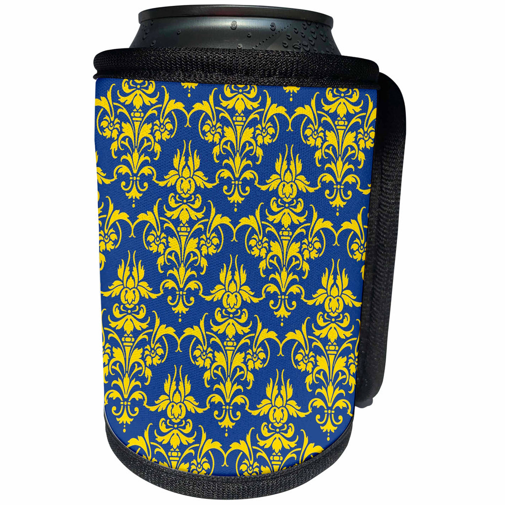 3dRose Russ Billington Patterns - Large Damask Pattern in Blue and Yellow - Can Cooler Bottle Wrap (cc_219041)