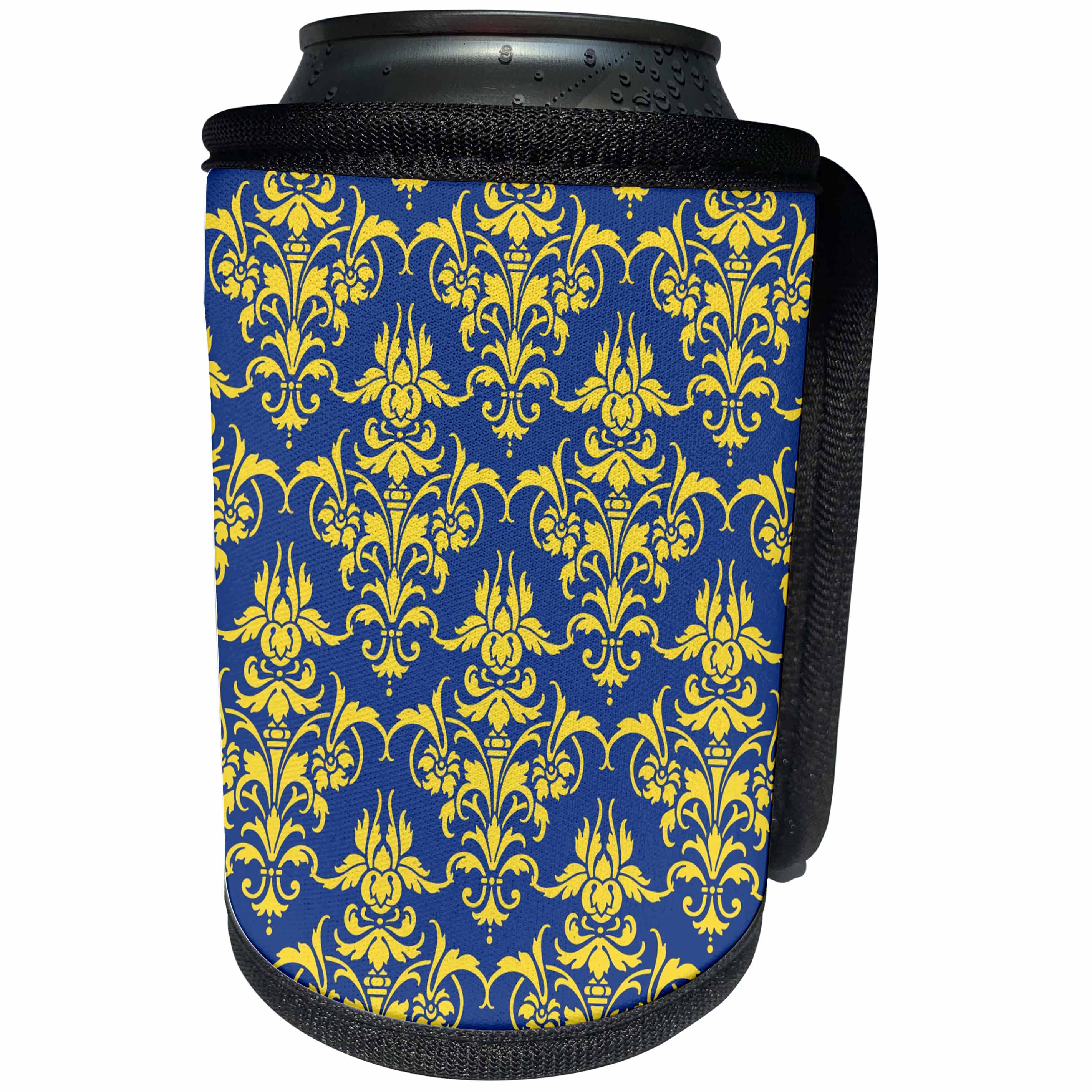 3dRose Russ Billington Patterns - Large Damask Pattern in Blue and Yellow - Can Cooler Bottle Wrap (cc_219041)