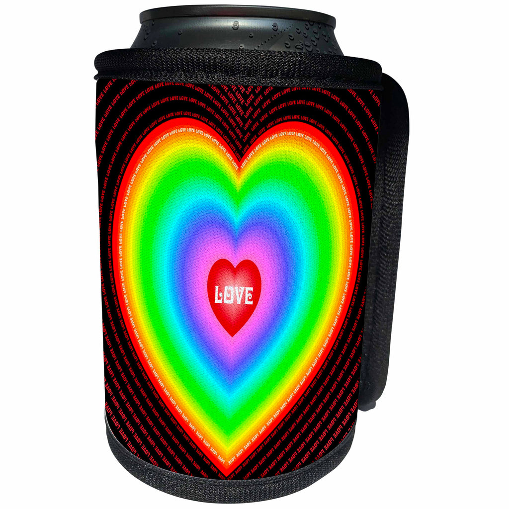 3dRose Russ Billington Designs - Funky retro Love Heart in rainbow colors on black - Can Cooler Bottle Wrap (cc_219042)