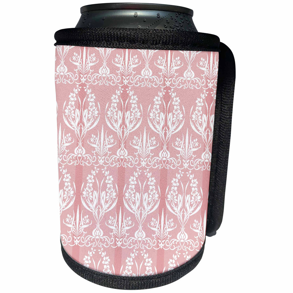 3dRose Russ Billington Designs - Pretty French Country Damask in white over pink stripe - Can Cooler Bottle Wrap (cc_219043)