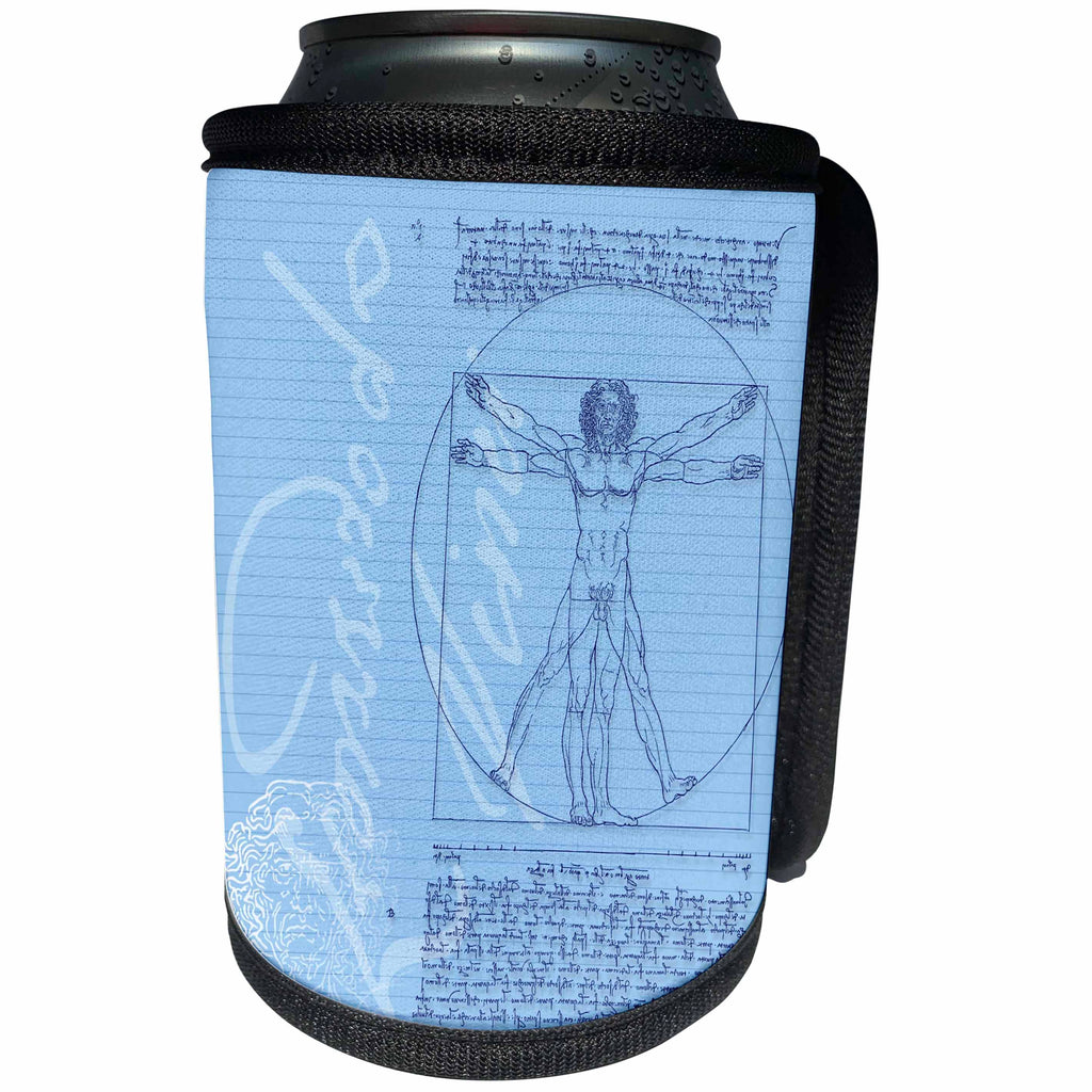 3dRose Russ Billington Designs - Leonardo da Vinci Vitruvian Man Design in Blue and White - Can Cooler Bottle Wrap (cc_219240)