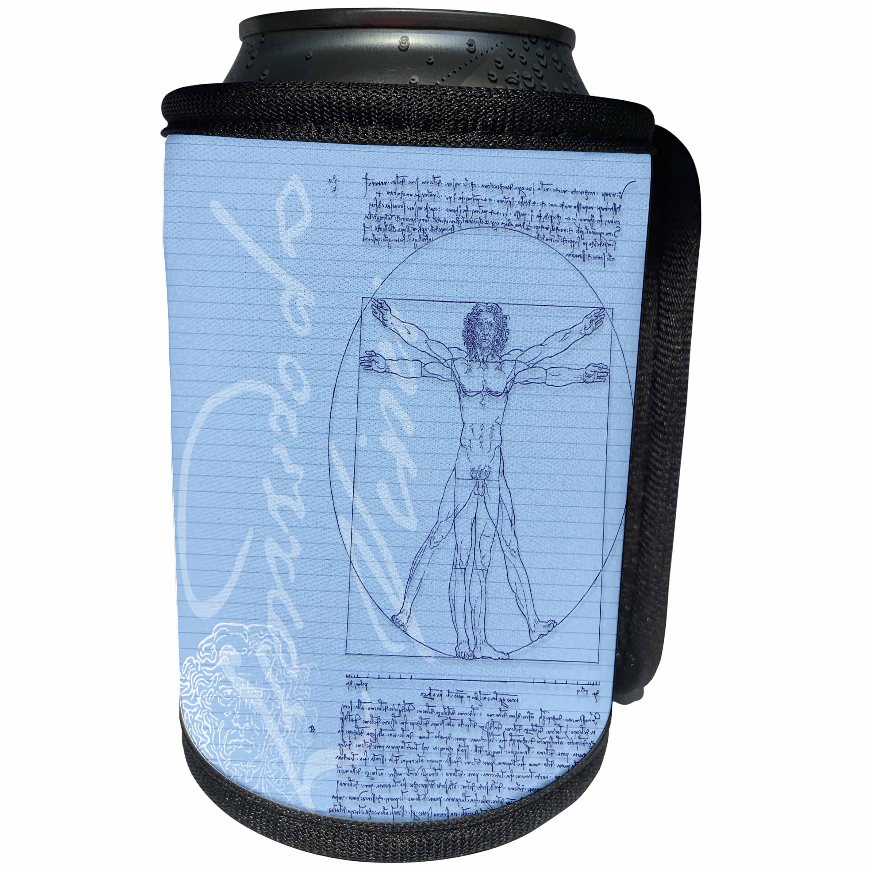 3dRose Russ Billington Designs - Leonardo da Vinci Vitruvian Man Design in Blue and White - Can Cooler Bottle Wrap (cc_219240)