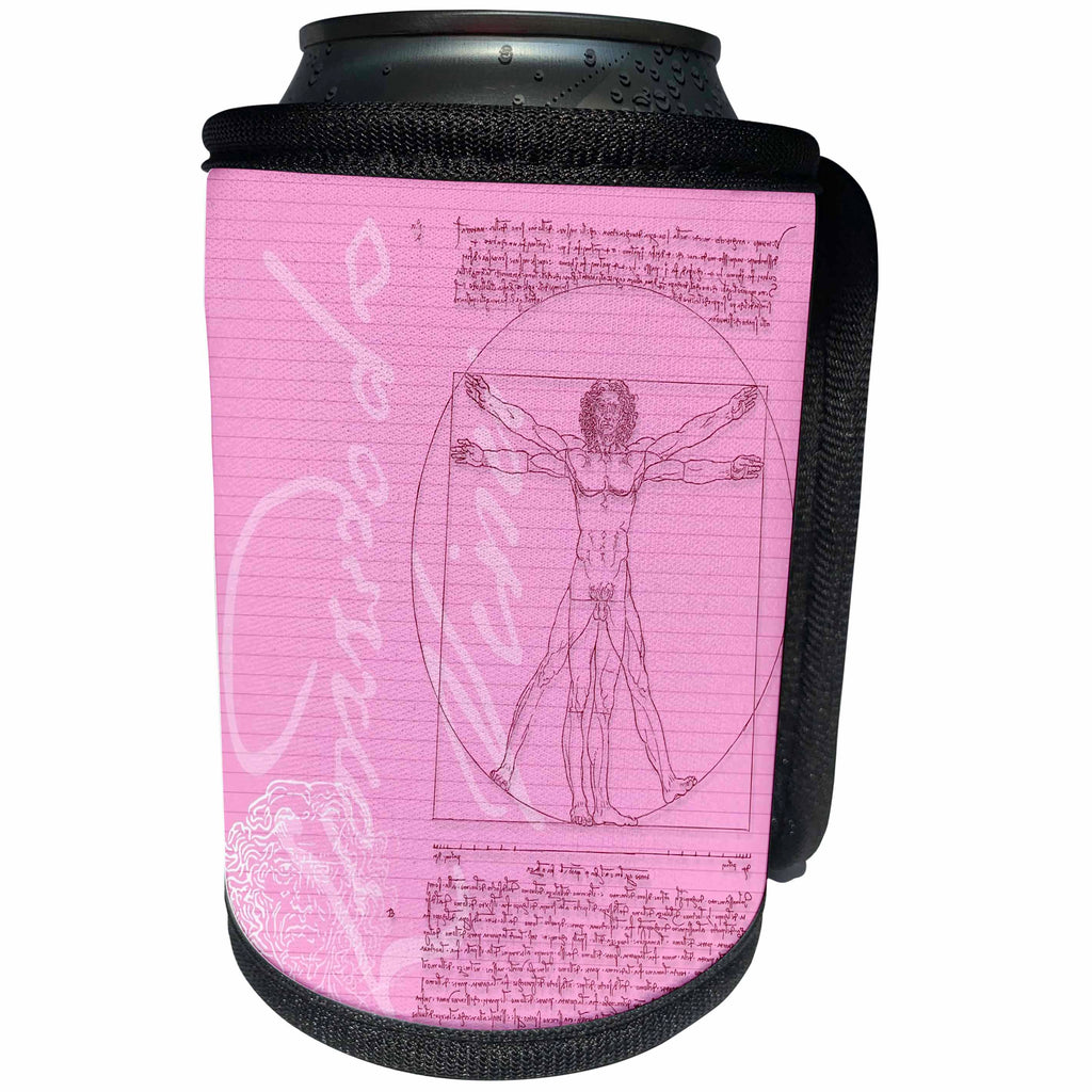 3dRose Russ Billington Designs - Leonardo da Vinci Vitruvian Man Design in Pink and White - Can Cooler Bottle Wrap (cc_219242)