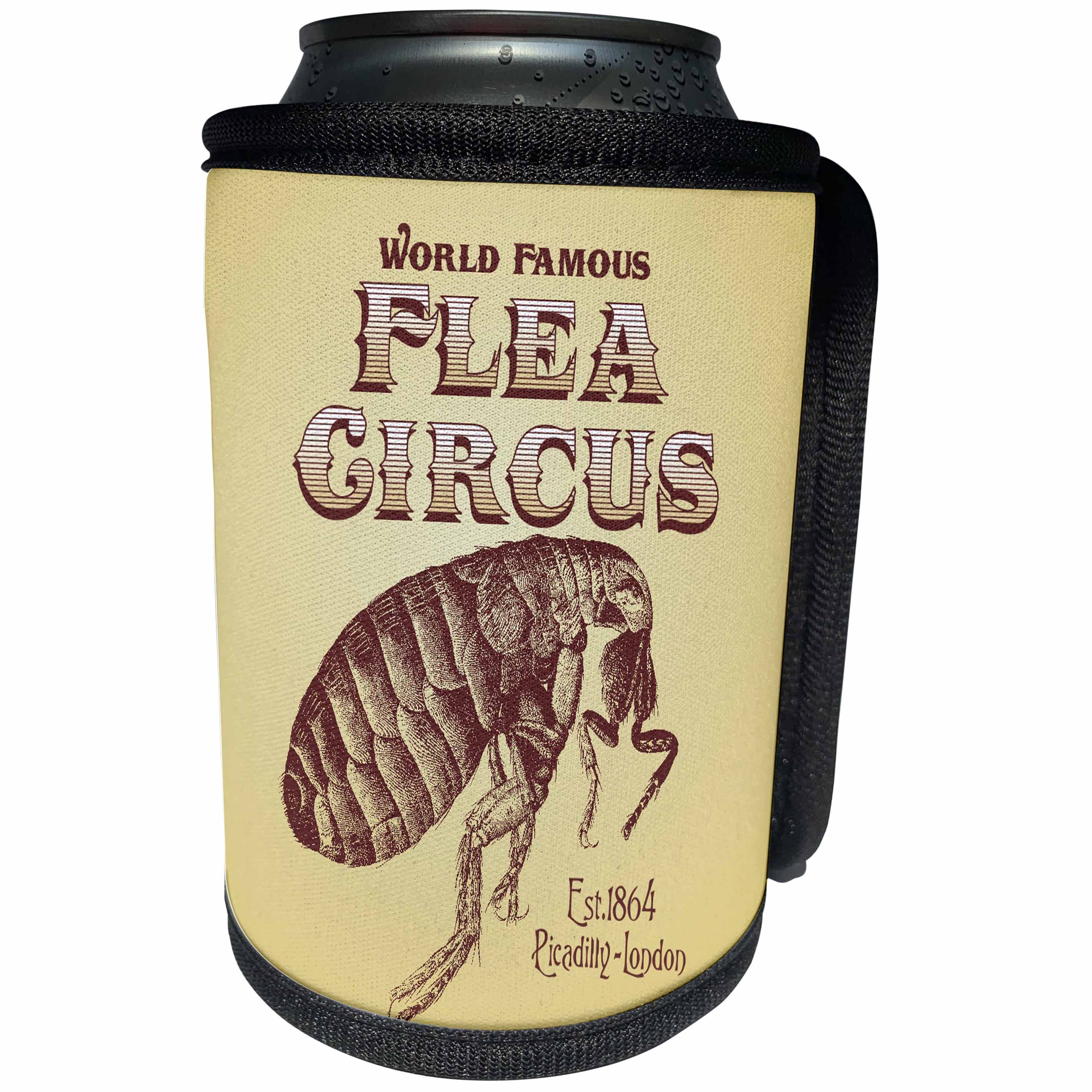 3dRose Russ Billington Designs - World Famous London Flea Circus on tonal ochre background - Can Cooler Bottle Wrap (cc_219245)
