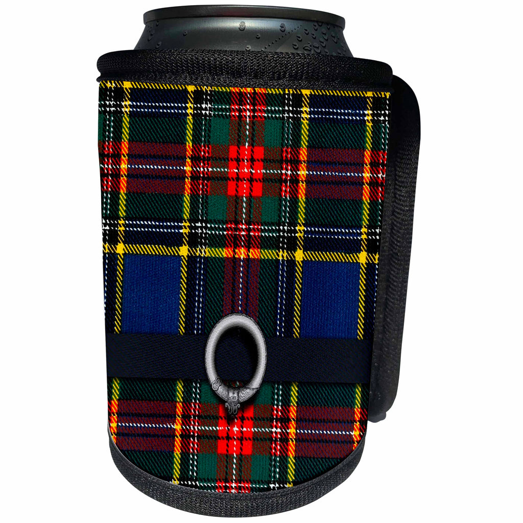 3dRose Russ Billington Patterns - Scottish Macbeth Tartan Pattern with Black Belt and Buckle Design - Can Cooler Bottle Wrap (cc_219246)