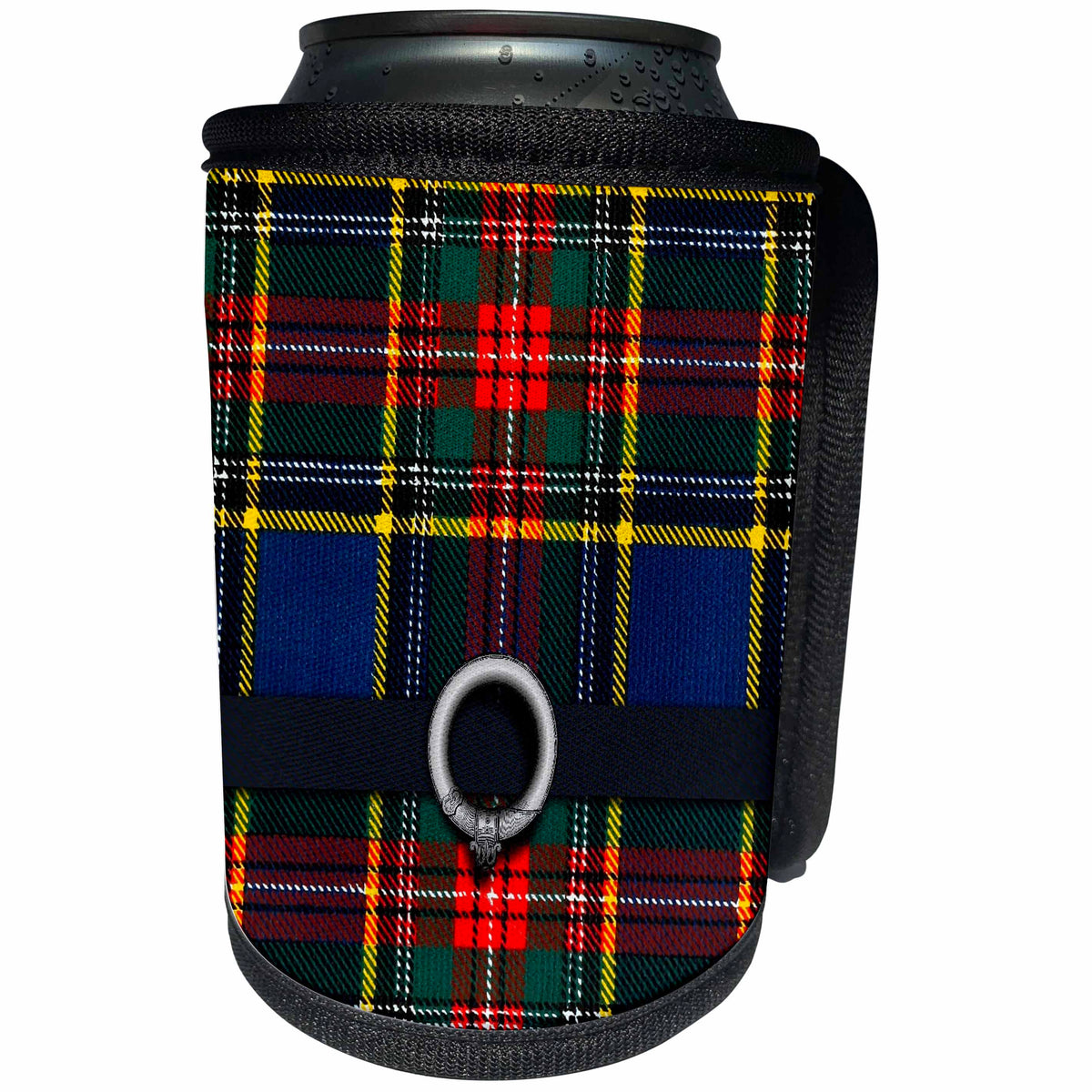 3dRose Russ Billington Patterns - Scottish Macbeth Tartan Pattern with Black Belt and Buckle Design - Can Cooler Bottle Wrap (cc_219246)