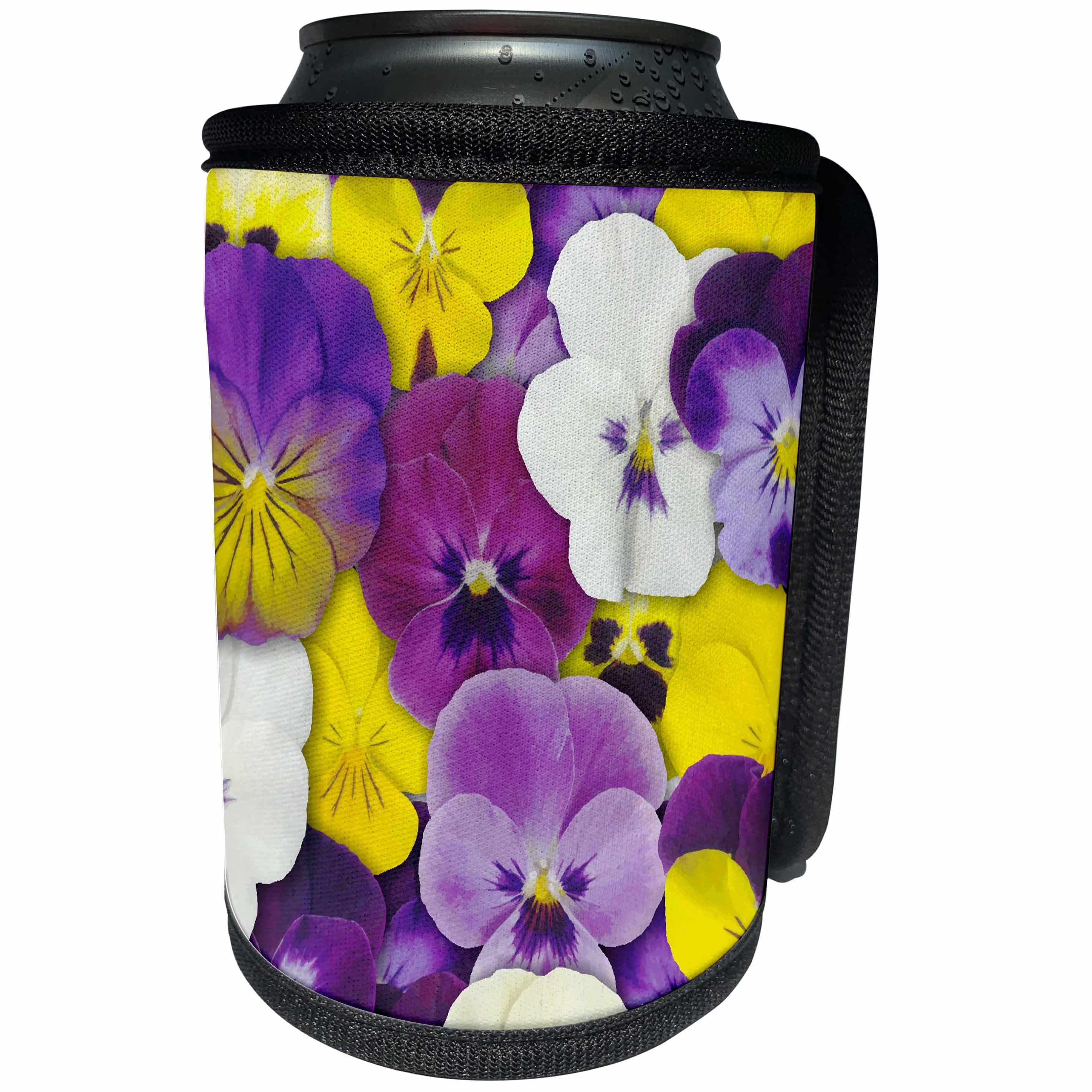 3dRose Russ Billington Designs - Gorgeous Viola Flowers in Purple White and Yellow - Can Cooler Bottle Wrap (cc_219247)