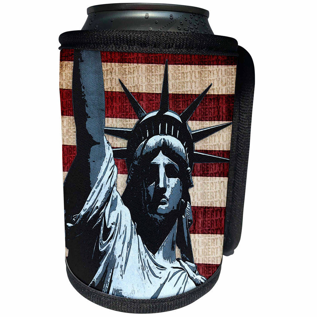 3dRose Perkins Designs USA - Liberty Flag patriotic Statue of Liberty with American flag and liberty text - Can Cooler Bottle Wrap (cc_21925)